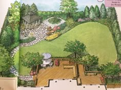 an open book with a drawing of a garden