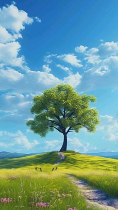 a painting of a tree in the middle of a grassy field with a dirt path leading to it