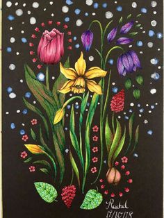 a painting of flowers and leaves on a black background