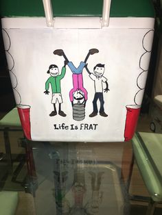 a cooler bag with the words life is rat on it and two men holding up a woman's leg