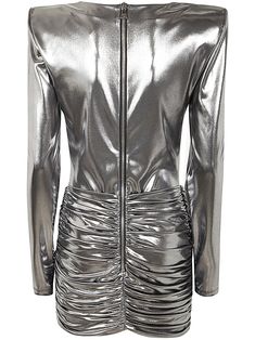 a silver metallic jacket with zippers on the front and back, asymmetrically designed