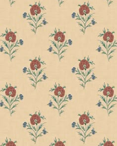 an old wallpaper with red flowers and green leaves on it's side, as well as blue berries