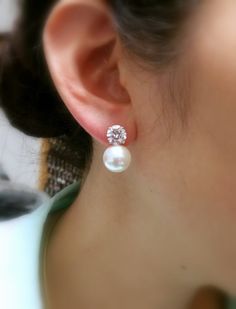 Bridal Earrings Bridesmaid Gift Wedding Jewelry Round 12mm White or Cream Pearl on Cubic Zirconia Solitaire Round Post Earrings - Etsy Custom Birthstone Ring, Earrings For Wedding, Silver Model, Utila, Pearl Cream, Wedding Jewelry Earrings, Pearl Stud Earrings, Bridal Necklace, Simple Earrings