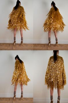 four pictures of a woman wearing a gold sequin dress and high heeled boots