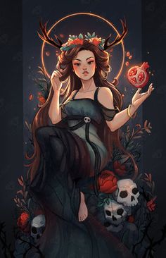 a woman with horns and skulls holding an apple in her hand, surrounded by skulls