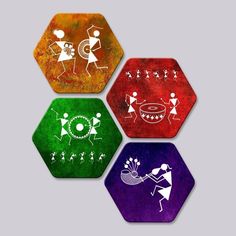 four hexagons with different designs on them, one has an image of people and