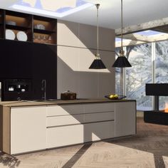 an image of a modern kitchen setting with wood flooring