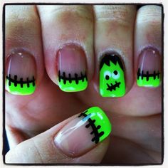 Frankenstein Halloween Nail Art! But I call him Frankie ☺️ French Pedicure, Nail Pen, Cute Halloween Nails, Holiday Nail Art, Halloween Nail Designs, Halloween Nail, Halloween Nail Art, Nail Art Ideas, Manicure Y Pedicure