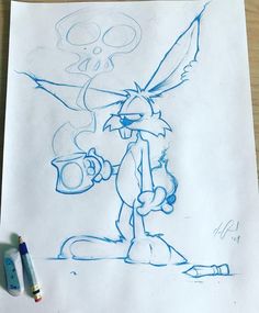 a drawing of a cartoon character holding a coffee cup and looking at something in the distance