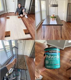 a man sitting on the floor next to a table with paint and some other things