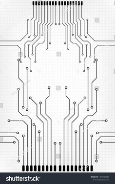 an electronic circuit board with many lines and dots on the side, all in black and white