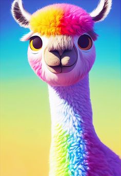 a llama with rainbow colored hair and big eyes looks at the camera while standing in front of a blue sky