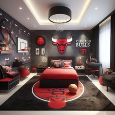 a bedroom decorated in black, red and white with chicago bulls artwork on the wall