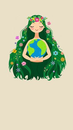 a girl with long hair holding the earth in her hands, surrounded by flowers and butterflies