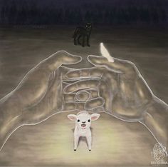 a drawing of a hand holding a lamb in front of a black cat