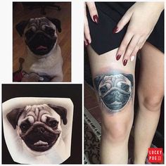 a woman's legs with tattoos on them and a pug sitting next to her