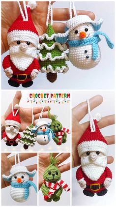 crochet christmas ornament patterns for santa claus, snowman and penguin