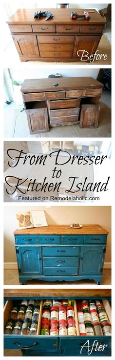 an old dresser has been transformed into a kitchen island with paint and varnishing