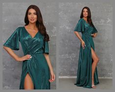 Party Dress Emerald Green Prom Dress Lurex Gown Dress Wrap V - Etsy Bosnia and Herzegovina Sparkle Dress Party, Wedding Guest Dress Formal, Emerald Green Prom, Couture Bridesmaid Dresses, Emerald Green Prom Dress, Dress Emerald Green, Dress Sparkle, Dress Engagement, Lurex Dress