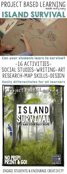 the island survival flyer is shown in three different colors and font, along with an image of