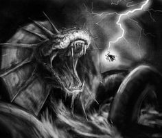 a black and white drawing of a dragon attacking a man with lightning in the background