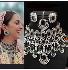 Inspired by the Bollywood weddings this necklace was seen on kiara advani for her wedding (picture attached for reference) perfect for diamond lovers and a modern luxurious look for any jewelry lover! This necklace comes with matching earrings and tikka that are perfect to wear alone for a lighter look. Gorgeous silver finish with high quality emerald green stones and beautiful handmade work, this set is sure to be a perfect addition to any wardrobe! Available in many beautiful colors! Please sp Luxury Green Bollywood Jewelry, Emerald Diamond Choker, String Earrings, Emerald Green Stone, Sabyasachi Jewellery, American Diamond Jewellery, American Diamond Necklaces, Bollywood Wedding, Diamond Choker