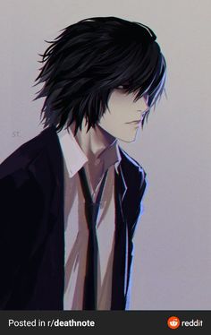 an anime character with black hair wearing a suit and tie, looking down at the ground