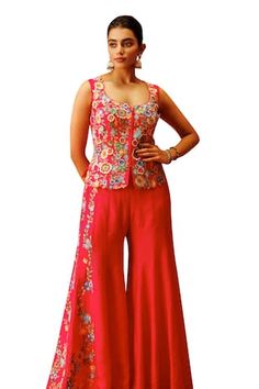 Rani waistcoat with multicolor thread embroidery in floral pattern. Paired with panelled flared pant. - Aza Fashions Pink Thread, Thread Embroidery, Silk Embroidery, Thread Work, Pant Set, Set For Women, Embroidery Thread, Aza Fashion, Fashion Set