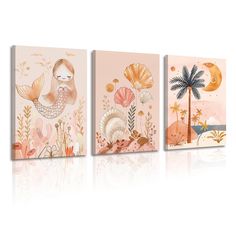 three paintings with mermaids and palm trees on the sides, one in pink and gold