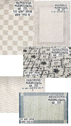 four different types of rugs with numbers and names on the front, side, and back