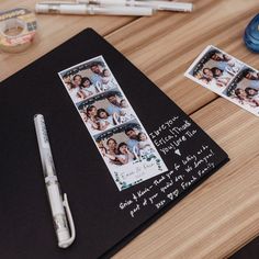 a couple's family photos are displayed on a table next to a pen and some pens