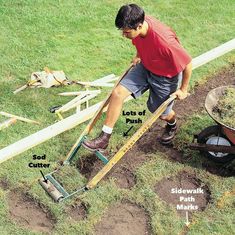 a man digging in the ground with tools