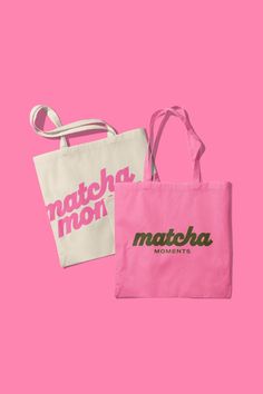 two bags with matching logos on them, one pink and the other white that says matcha