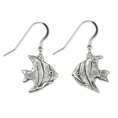 "Uniquely different angelfish earrings in sterling silver are ideal for gift giving! If she is a Pisces or a fresh water fish fancier, they're sure to be a hit. Also a lovely gift for a snorkeler! Each fish earring measures ¾\" wide and is ¾\" tall, and the pair is lightweight and comfy to wear. //HOW WERE THESE MADE?// *My name is Merry Rosenfield and I am the artist for The Magic Zoo. I created the original for this piece in my home studio. This design was completely made by hand *After comple Sterling Silver Fish-shaped Jewelry, Silver Fish-shaped Earrings With Ear Wire, Silver Fish-shaped Earrings With Fish Hooks, Nickel-free Silver Fish-shaped Earrings, Silver Sterling Fish-shaped Earrings, Silver Fish-shaped Sterling Silver Earrings, Oc Board, Fish Earrings, Silver Fish