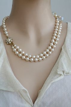 Pearl Necklace, Vintage Bridesmaids Necklaces, Vintage Bridal Necklace, Double Strand Pearl Necklace, Real Pearl Jewellery, Vintage Bridesmaids, Bridal Jewelry Vintage, Crystals Necklace, Bridal Pearl Necklace, Necklace Swarovski