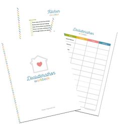 two sheets of paper with the words declution workbook written on them