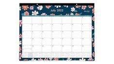 a blue and pink calendar with flowers on the front, is shown in this image