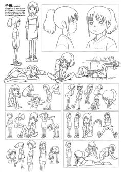 an animation storyboard showing various stages of the character's body and head expressions