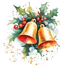 two golden bells with holly leaves and red berries on them, painted in watercolor