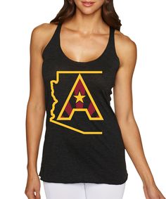 Arizoniacs Logo Women's Tank - Black/Gold 50% polyester/25% combed ring-spun cotton/25% rayon, 32 singles 4.3 ounce tri-blend racerback tank. Extremely soft, comfortable and stretchy. Tri-blend fabric has a heather look for all colors. Fabric laundered for reduced shrinkage. 4”Arizoniacs logo on the back