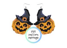 two pumpkins with faces on them are made out of perler beads and the words pof butteren earrings