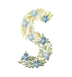 the letter s is made up of blue flowers and green leaves on a white background