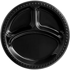 an empty black plastic plate with beaded trimmings on the edges and sides