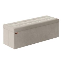 an upholstered bench with buttons on the back and seat cushion in white fabric