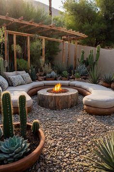 an outdoor fire pit surrounded by cactus and rocks with seating around it in the middle