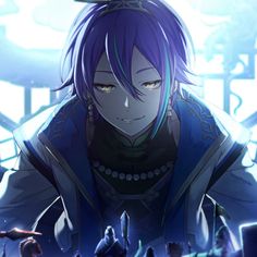 an anime character with purple hair and blue eyes standing in front of a group of people