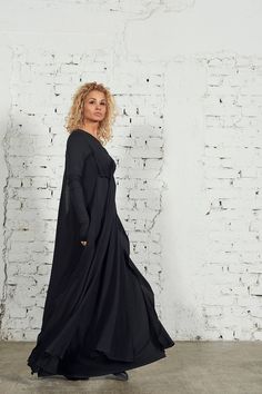 "Black Wedding Dress, Black Maxi Dress, Plus Size Dress ♠ An outstanding flowy maxi dress that is double layered and could be styled in multiple ways. The base of this piece falls heavily, while the top sheer layer is light and airy, creating heavenly movement. Wear this gorgeous dress as a loose robe, or wrapped in the waist - it's up to your mood. One of our most loved creations. ♠ Sizes The model on the picture is 168 cm/5'5\" tall and is wearing size М. Have a look at my Size Chart to make s Black Dresses For Alternative Fashion In Fall, Black Fitted Dress With Long Train, Fitted Black Dress With Long Train, Black Wedding Dress Plus, Black Wedding Dress Plus Size, Plus Size Victorian, Black Dress Gothic, Avant Garde Dresses, Plus Size Long Dresses