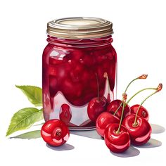 a painting of cherries in a jar with leaves