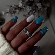 Medium Blue Glitter Fake Nails, White Square Press On Nails, Glossy Full Cover Pure Color False Nails For Women And Girls - Temu