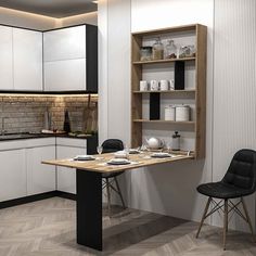 the kitchen is clean and ready to be used for dinner or lunchtime, with white cabinets and black chairs